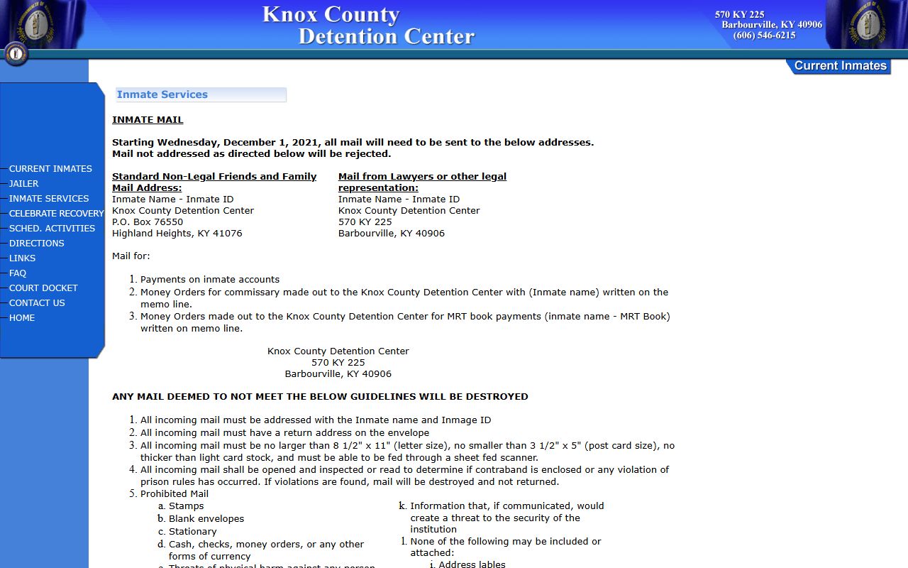 Knox County Detention Center mail rules and inmate records